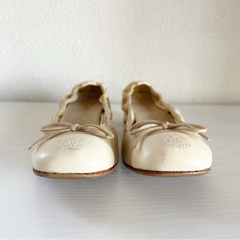 Chanel Low Block Heel Pumps Beige Fabric CC Cap Toe Bow EU 36.5C US 6.5 - Picture 7 of 14